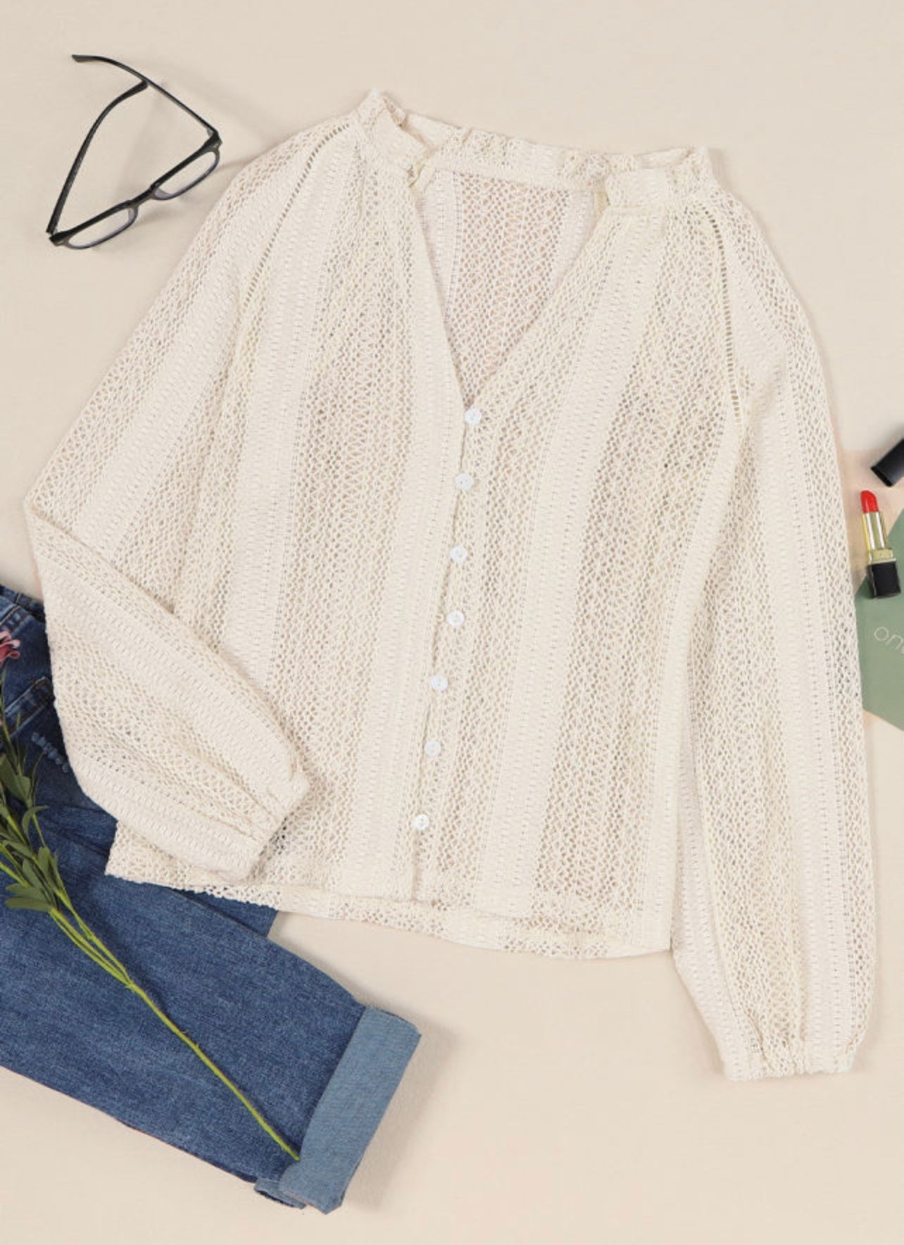 White V-Neck Long Sleeve Button Up Lace Shirt