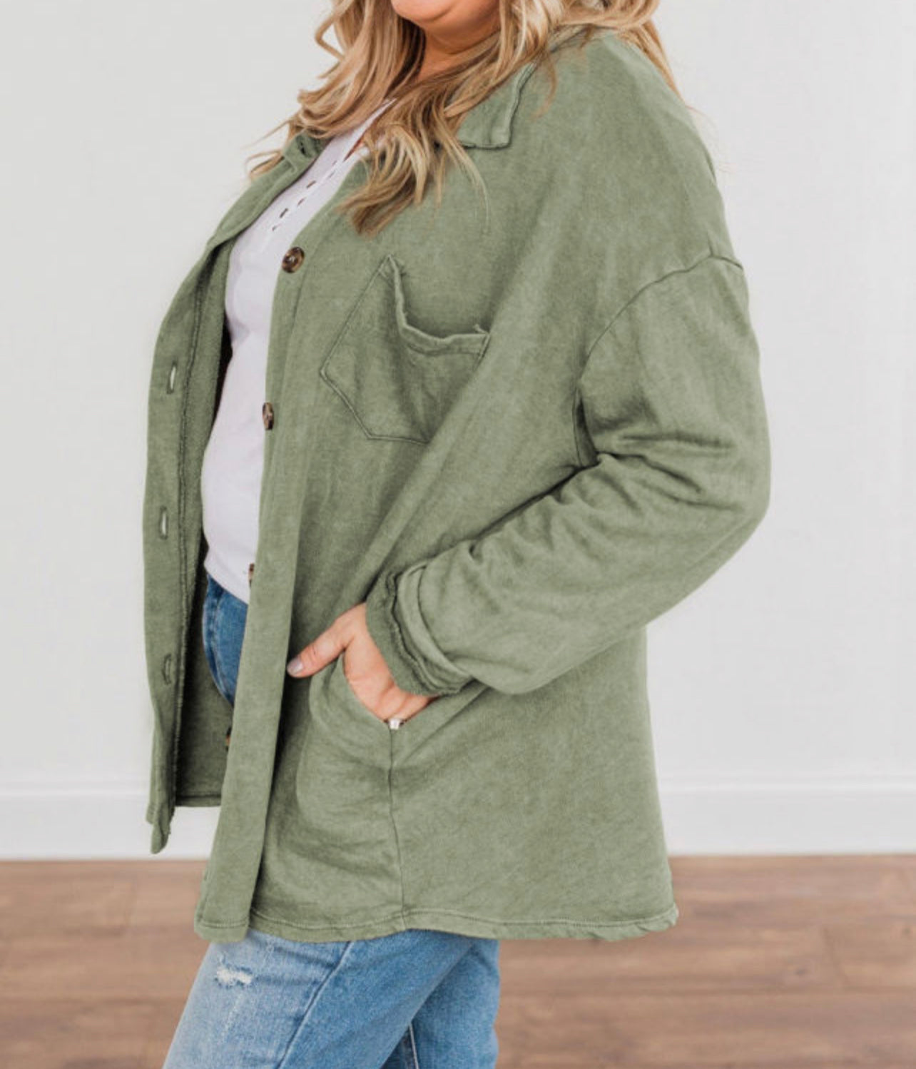 Curvy Green Plus Size Buttons Closure Pocketed