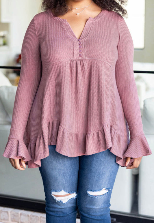 Curvy Pink Ruffled Waffle Knit Babydoll Top