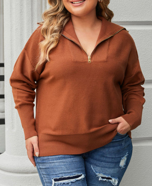 Curvy Brown Solid Ribbed Trim Zip Collar