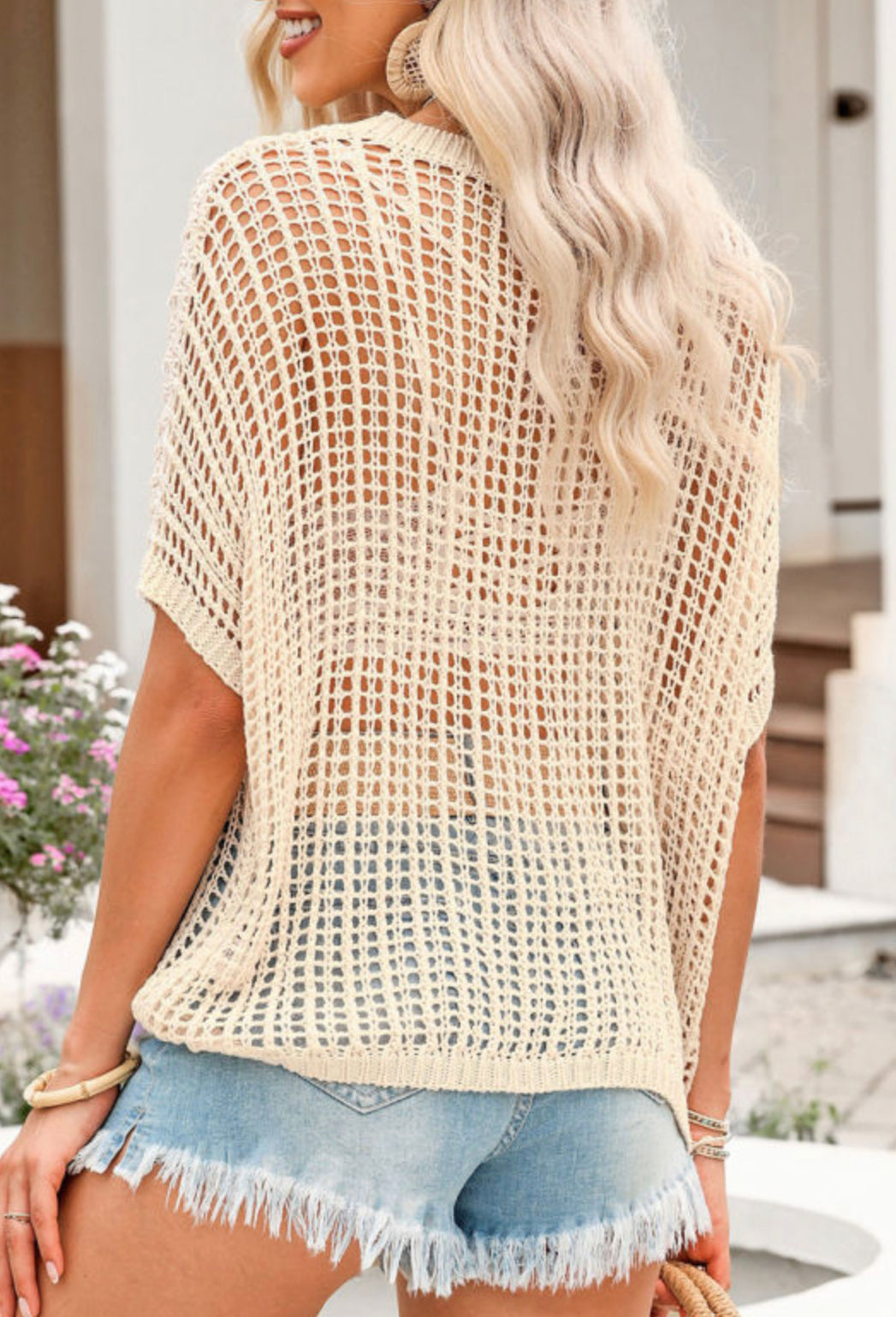 Apricot Fishnet Knit Ribbed Round Neck Short
Sleeve Sweater Tee