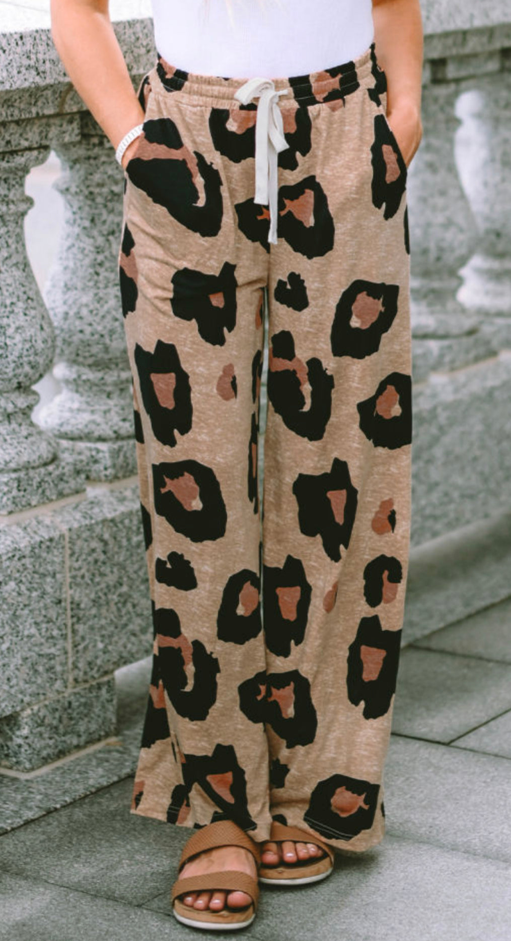 Leopard Drawstring Wide Leg Casual Pants