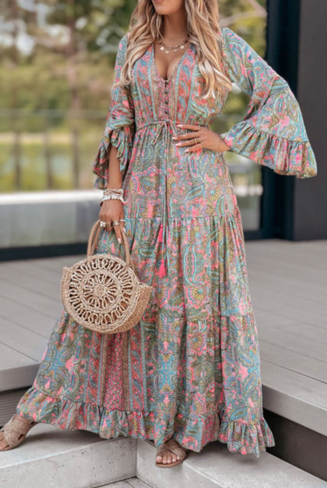 Green Paisley Printed Ruffle Trim Elegant Maxi Dress