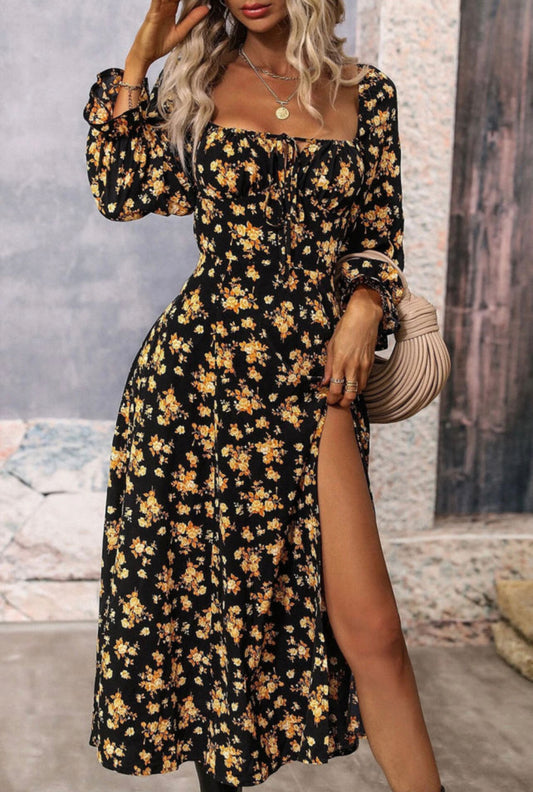 sunny days Tie Square Neck Puff Sleeve Slit Dress