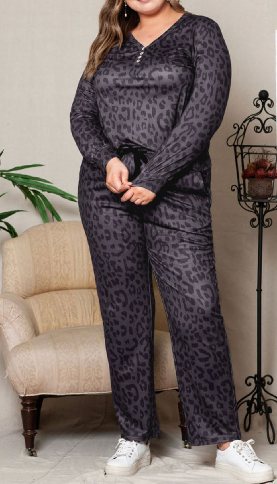 Curvy Black Leopard Long Sleeve Henley Top Pajamas Set