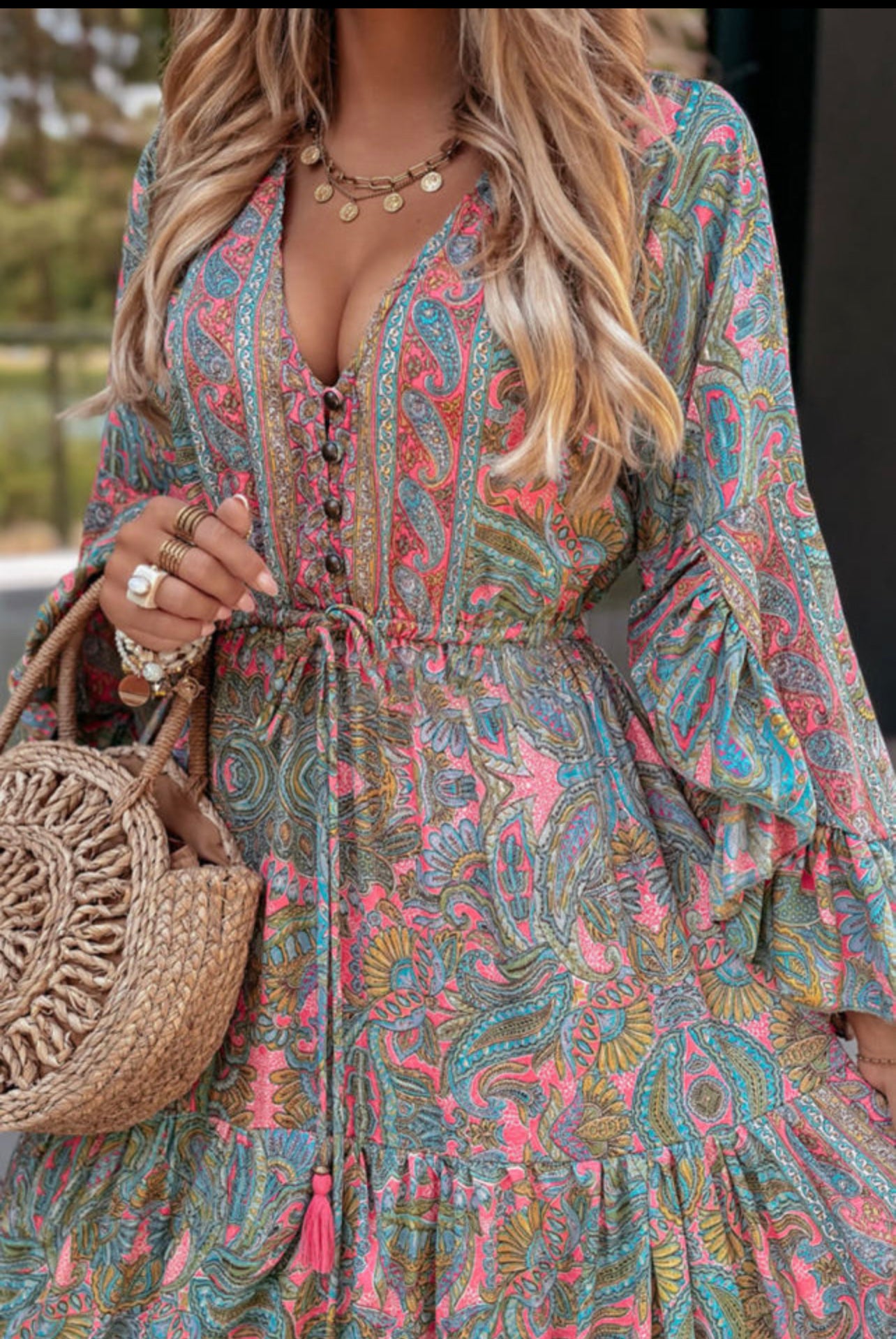 Green Paisley Printed Ruffle Trim Elegant Maxi Dress