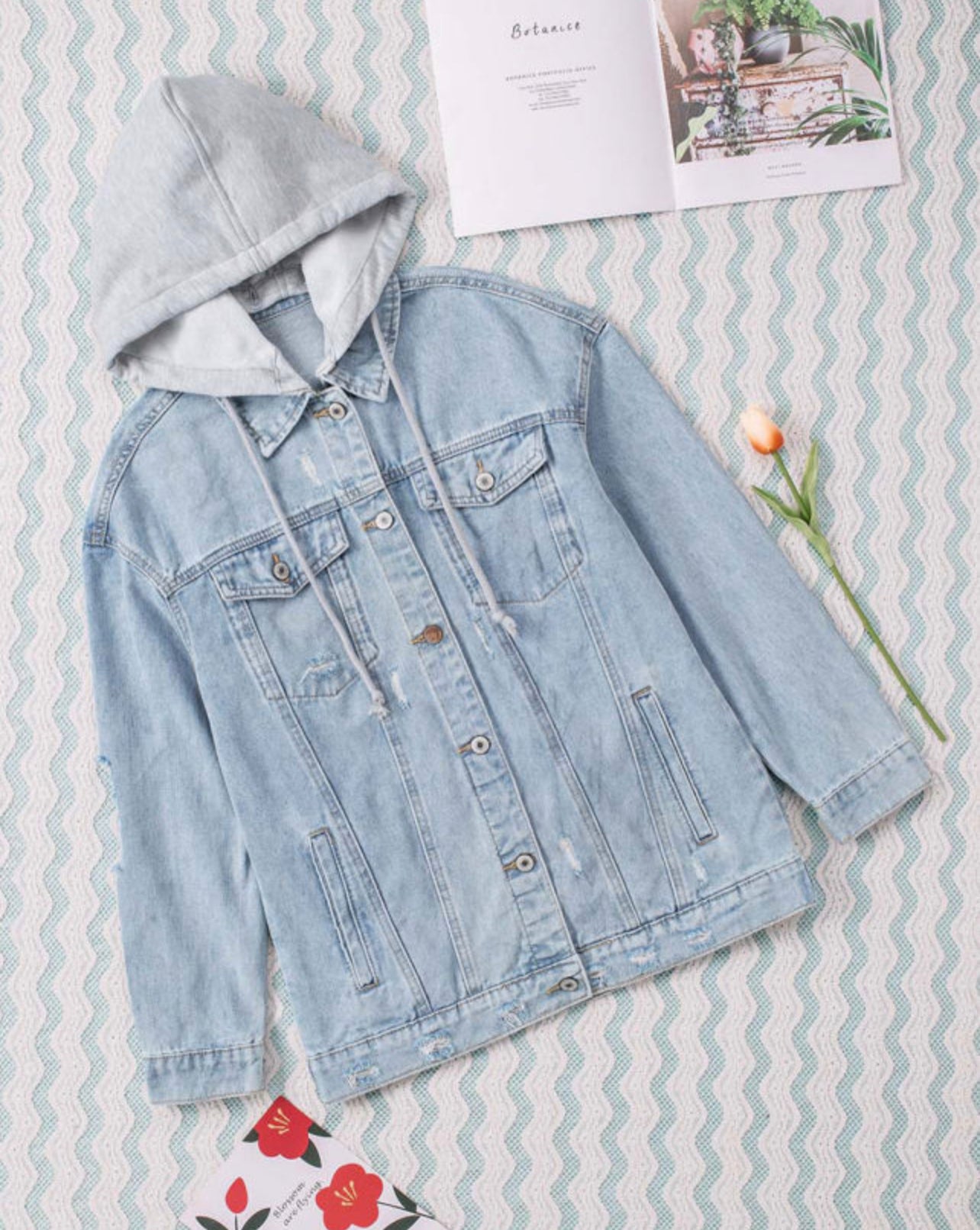 Sky Blue Button Closure Ripped Hooded Denim
Jacket