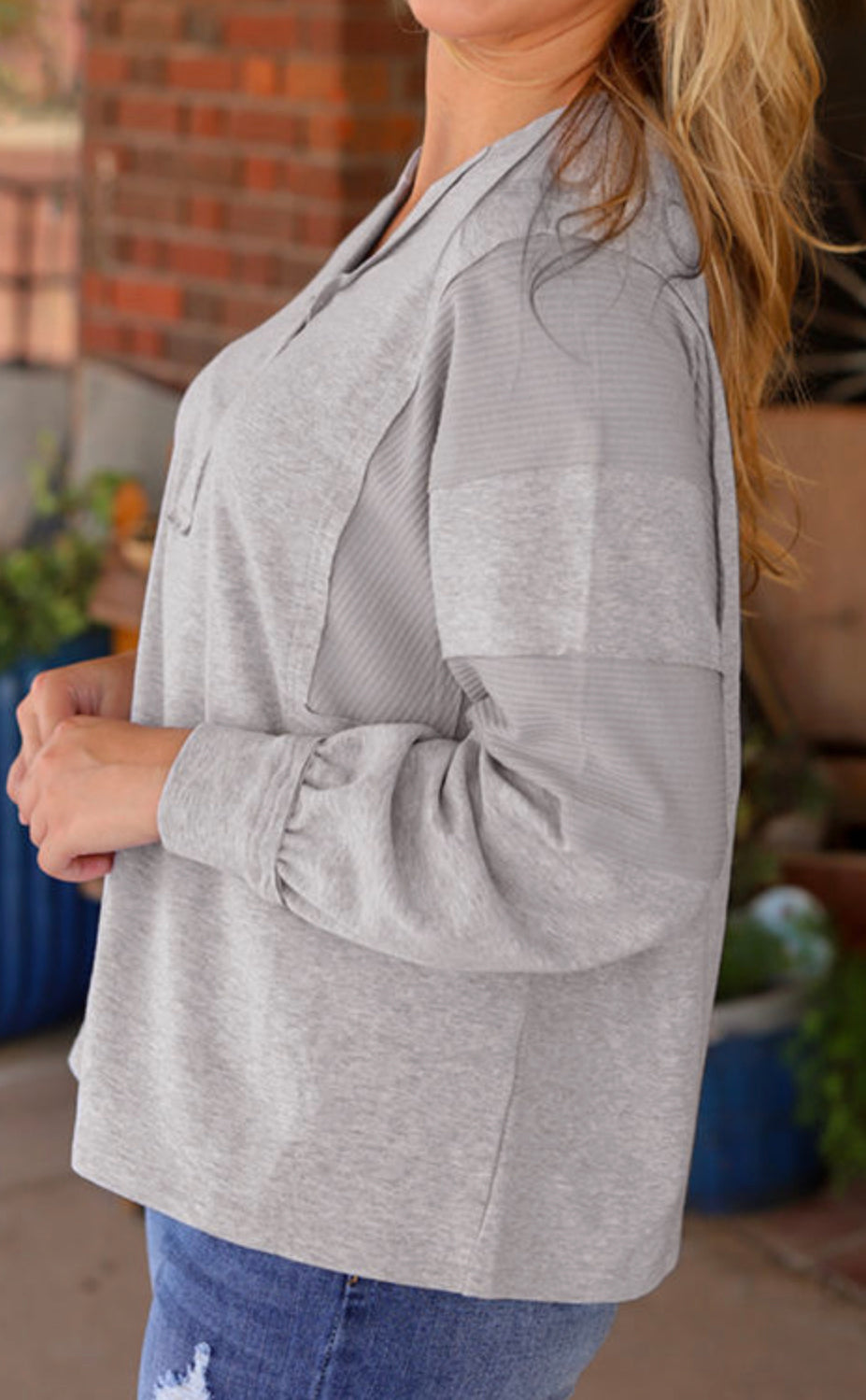 Grey Waffle Patchwork Dolman Sleeve Henley Top