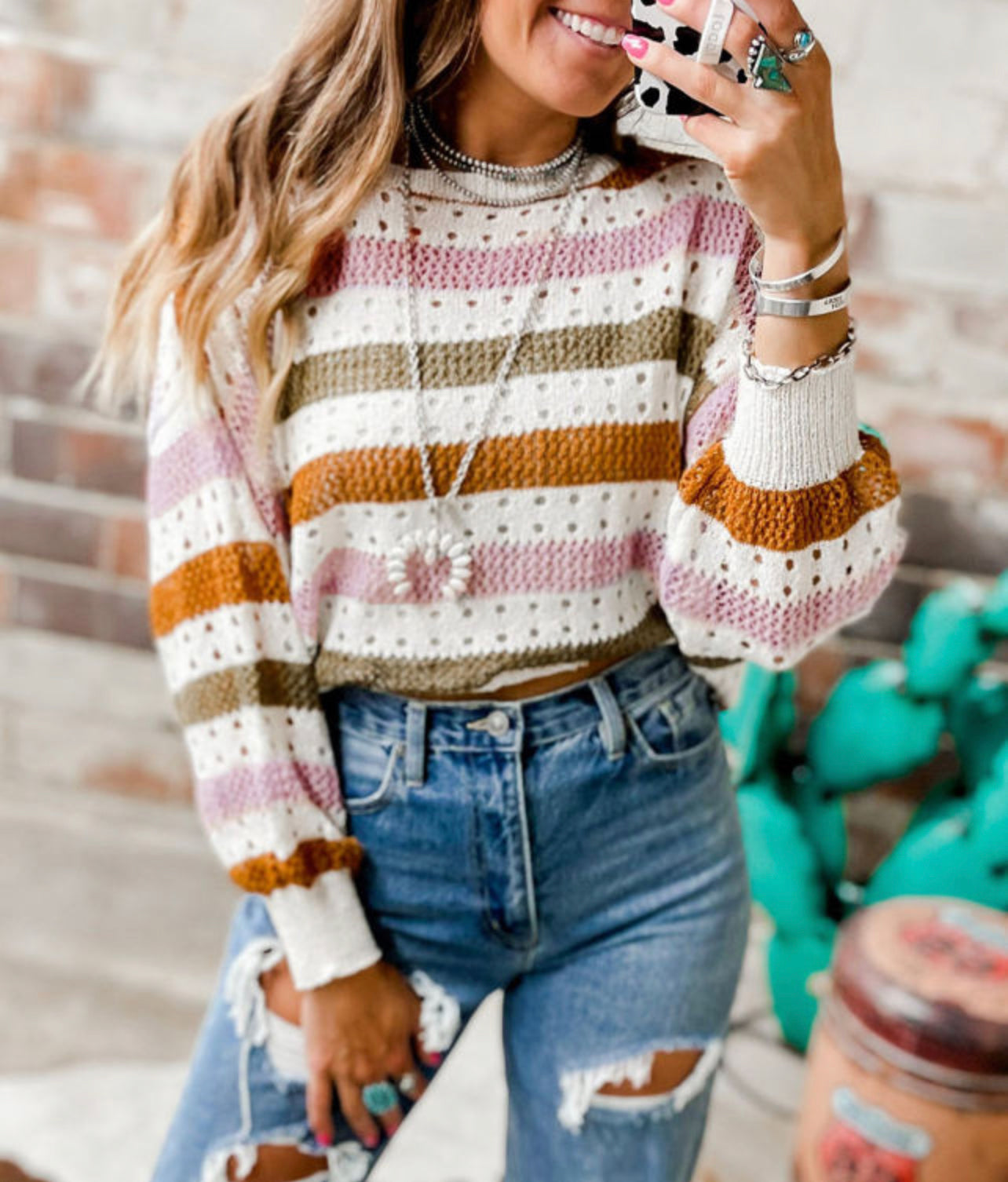 Multicolor Striped Hollowed Knitted Loose Sweater