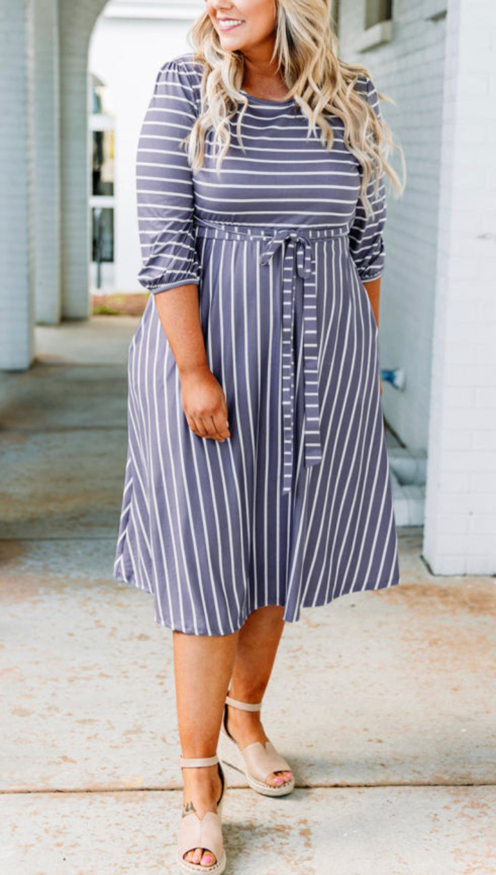 Curvy Gray Striped Tie Waist 3/4 Sleeve