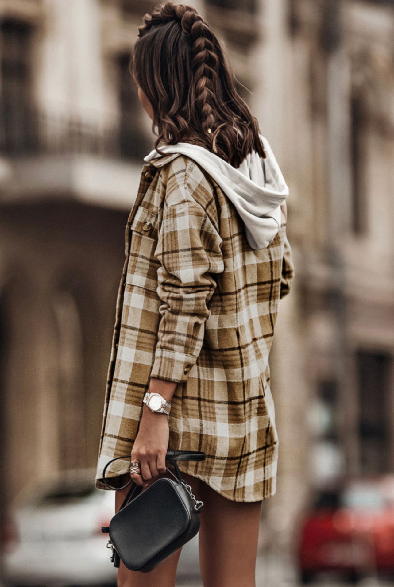 Khaki Plaid Shirt Hooded Jacket