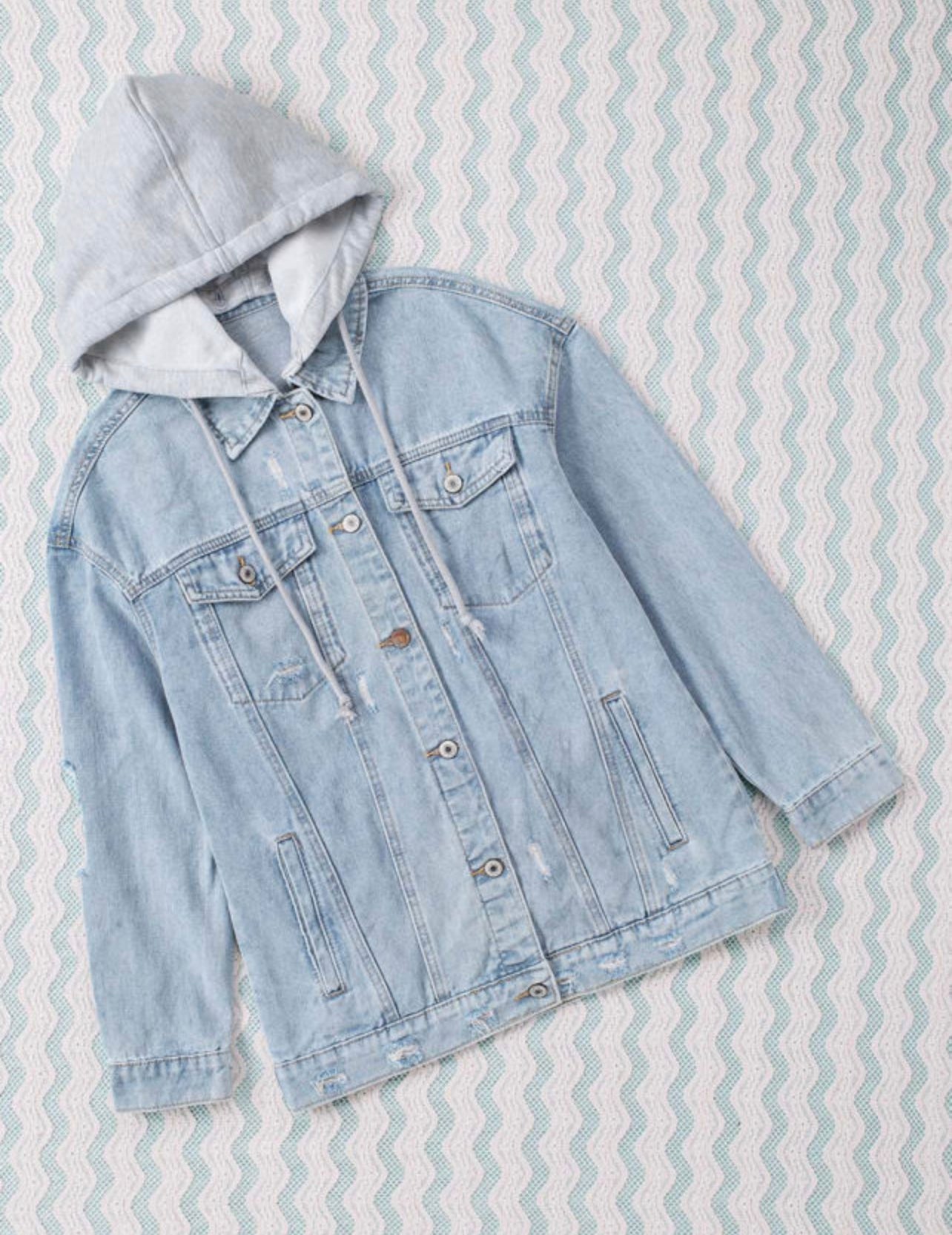 Sky Blue Button Closure Ripped Hooded Denim
Jacket