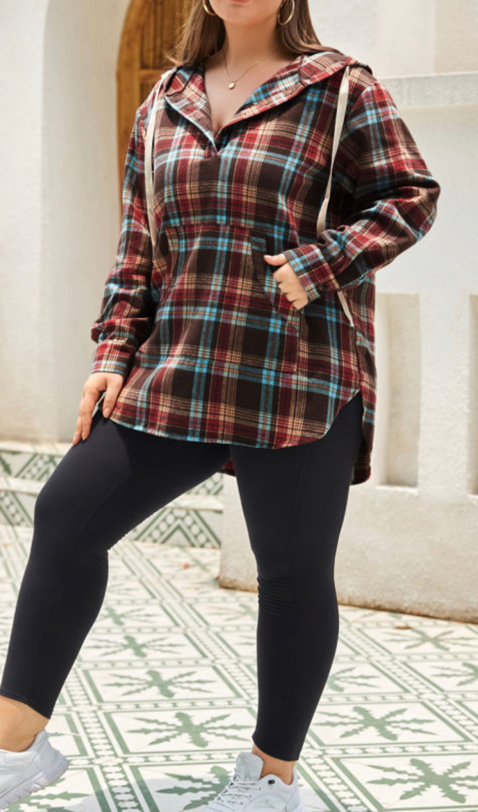 Curvy  Plaid Kangaroo Pocket Drawstring Hoodie