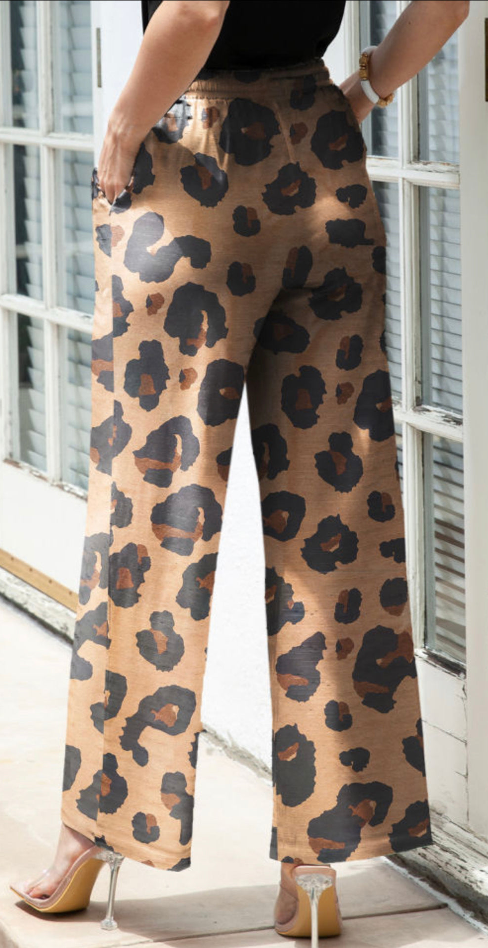 Leopard Drawstring Wide Leg Casual Pants