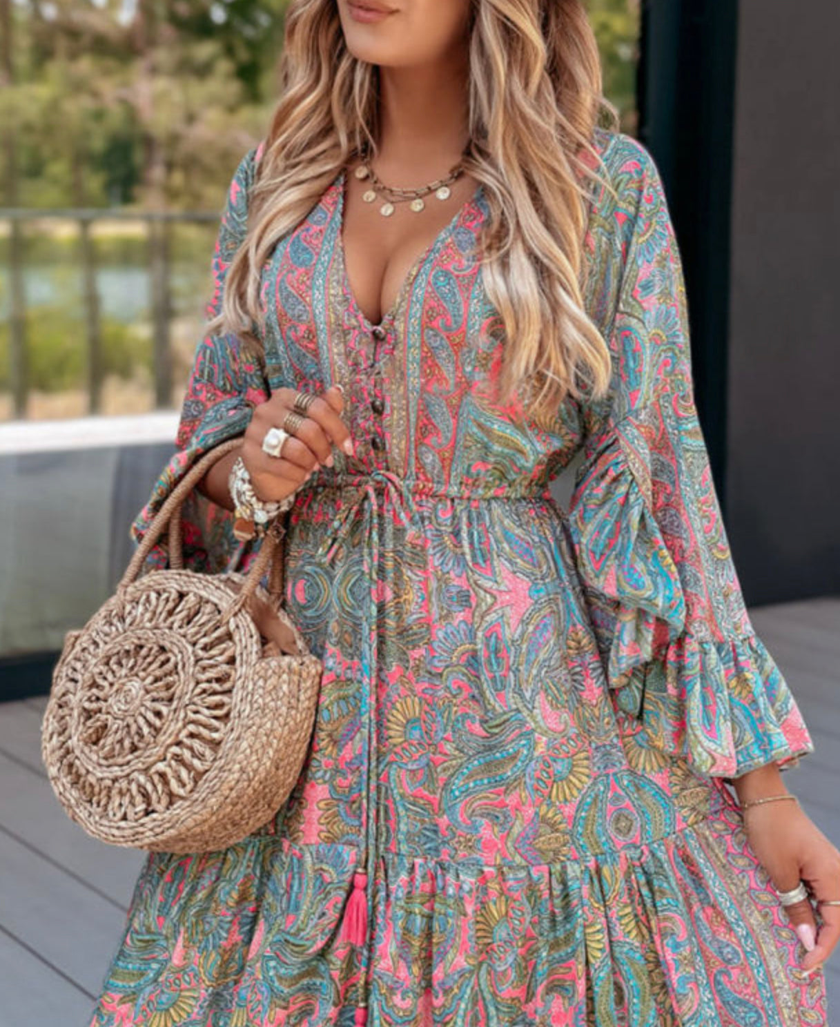 Green Paisley Printed Ruffle Trim Elegant Maxi Dress