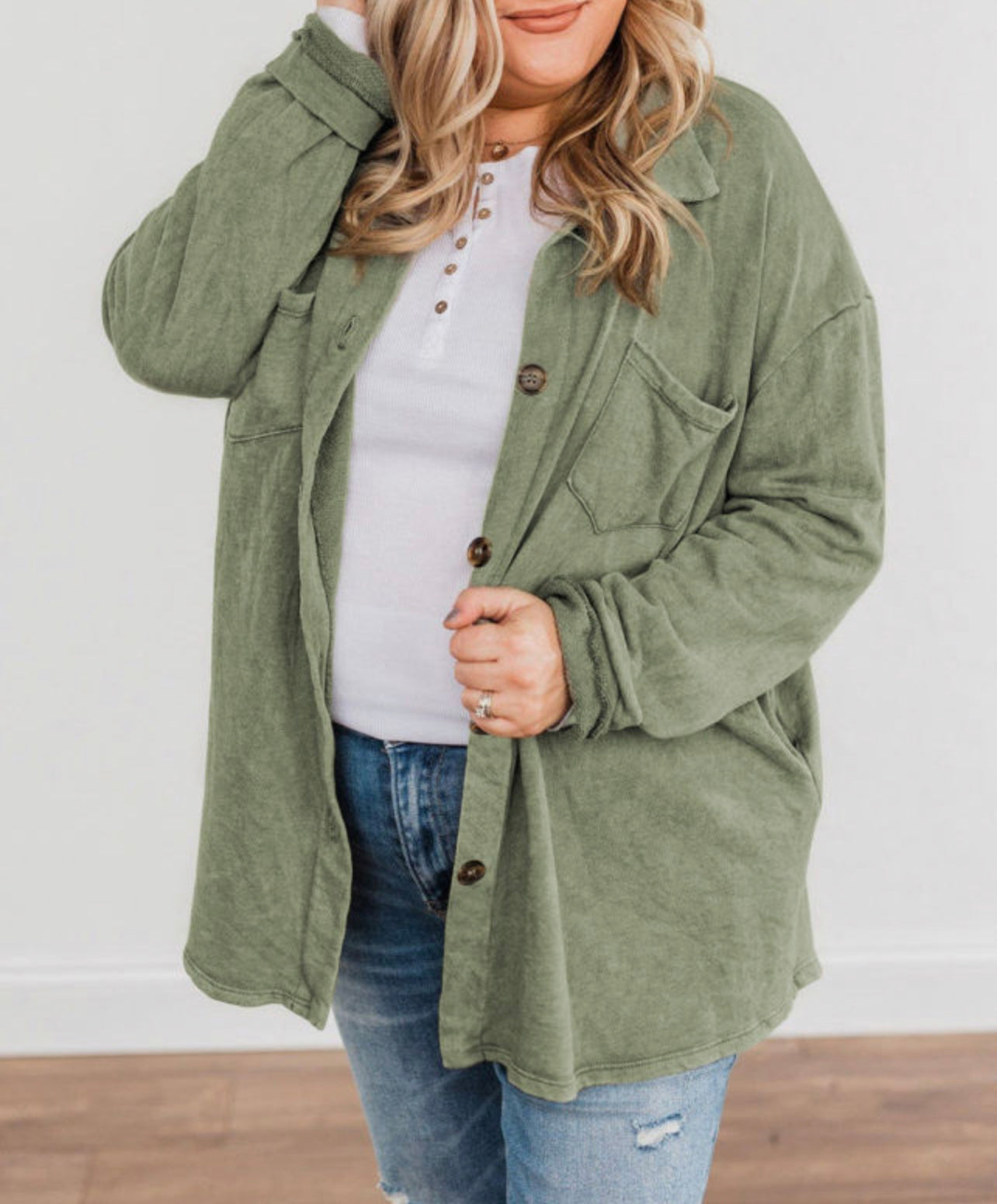 Curvy Green Plus Size Buttons Closure Pocketed