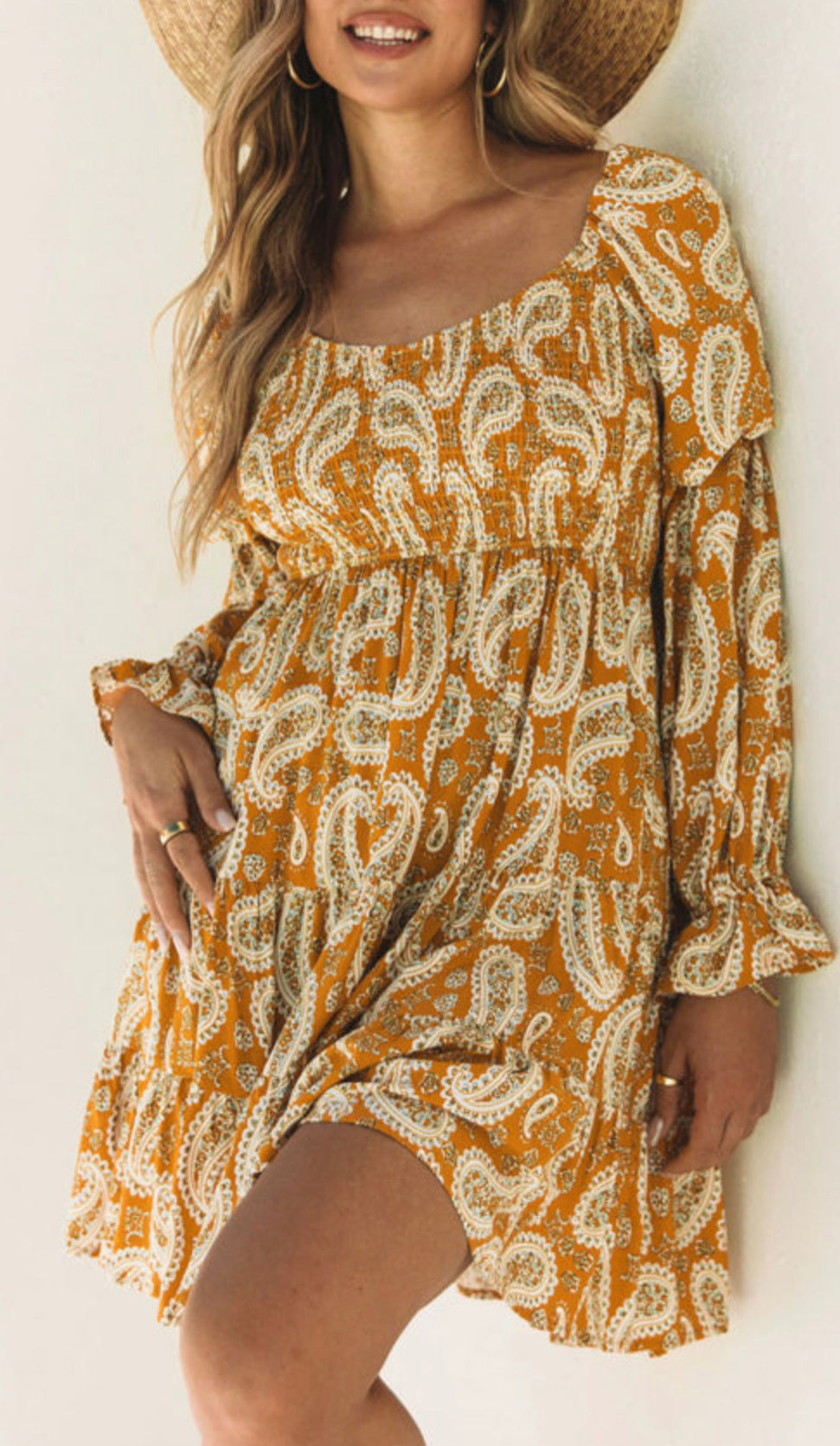 Yellow Boho Paisley Long Sleeve Floral Dress