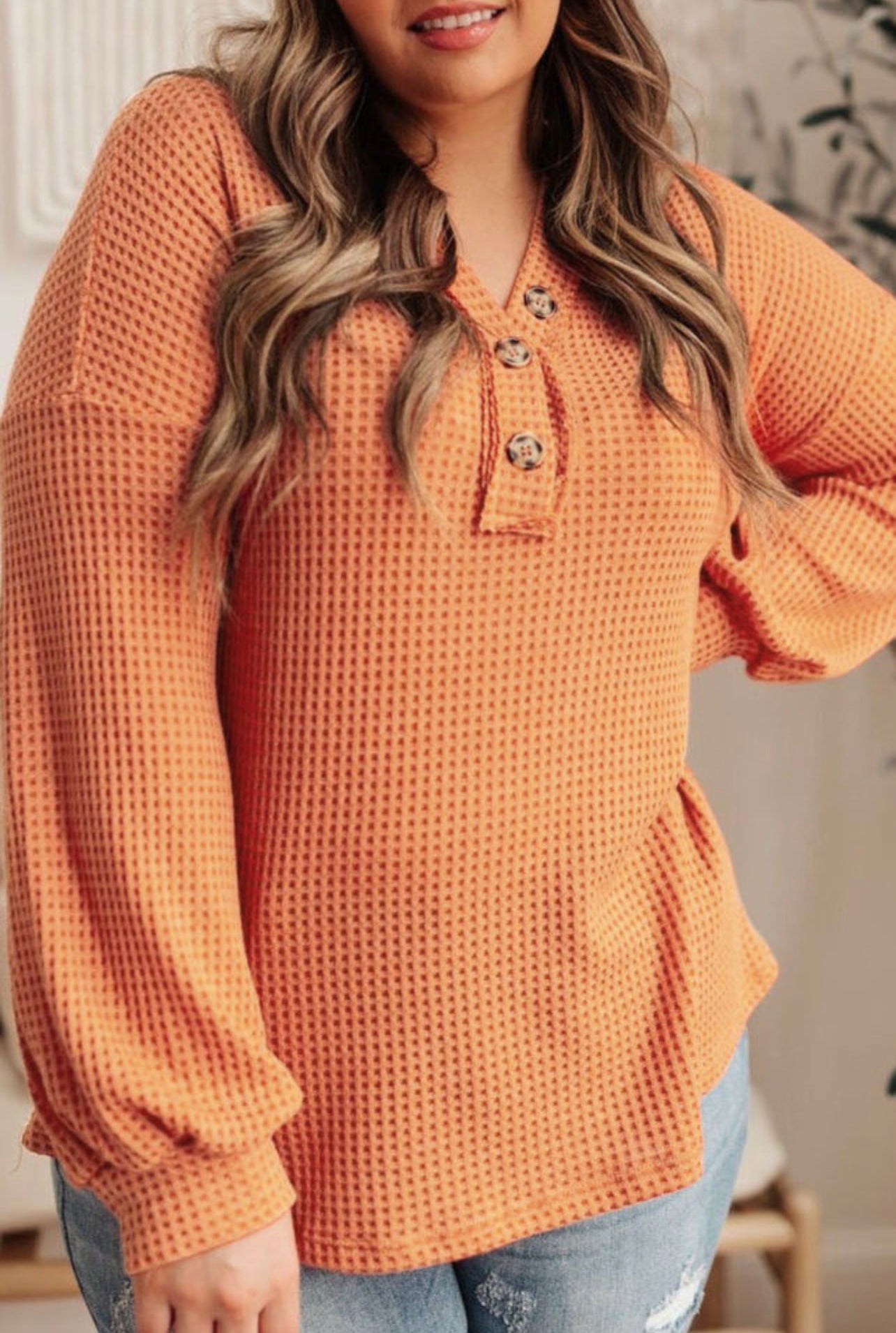 Orange Buttoned V Neck Waffle Knit Plus Size