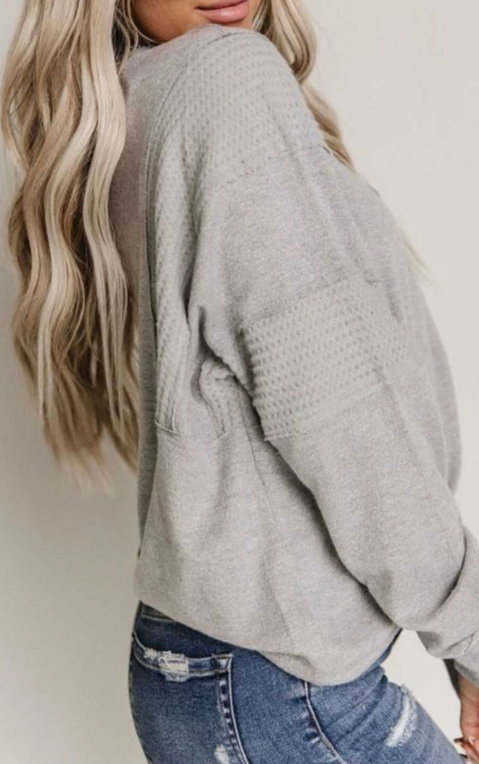 Grey Waffle Patchwork Dolman Sleeve Henley Top