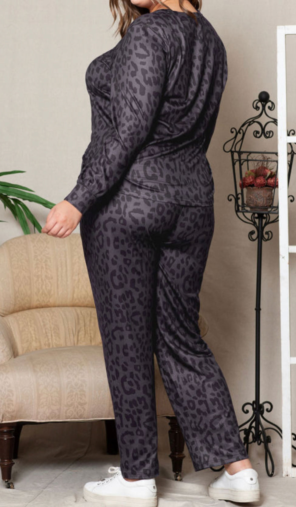 Curvy Black Leopard Long Sleeve Henley Top Pajamas Set