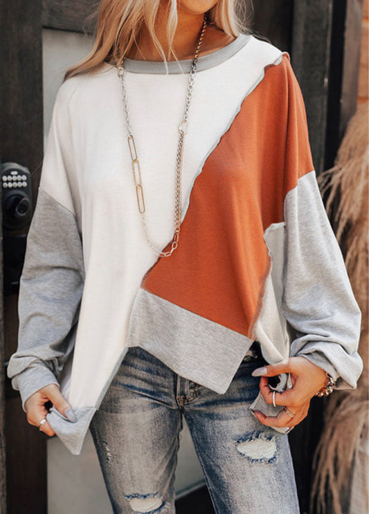 orange/white Colorblock Stitching Irregular Hem Long Sleeve Top