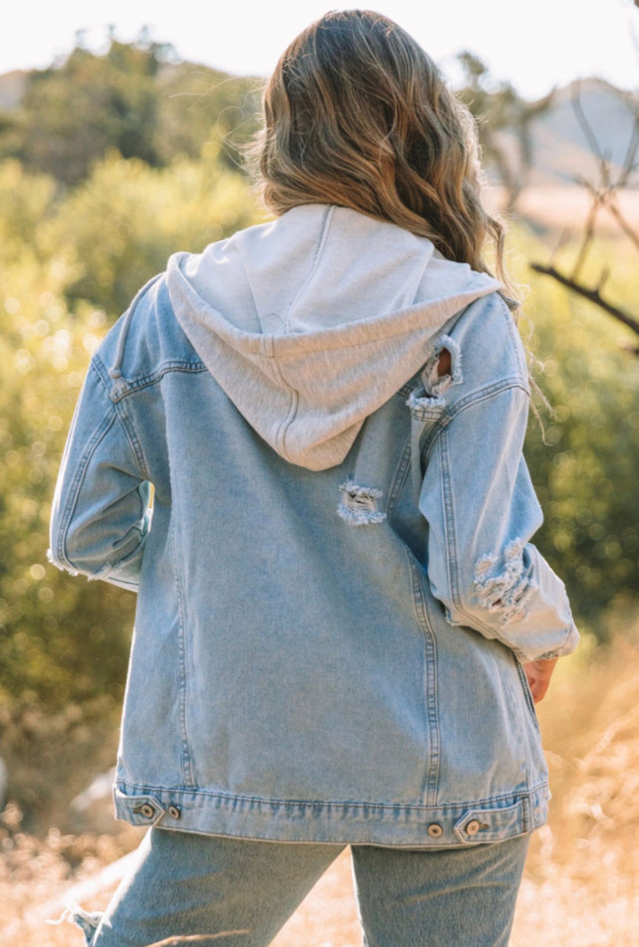 Sky Blue Button Closure Ripped Hooded Denim
Jacket