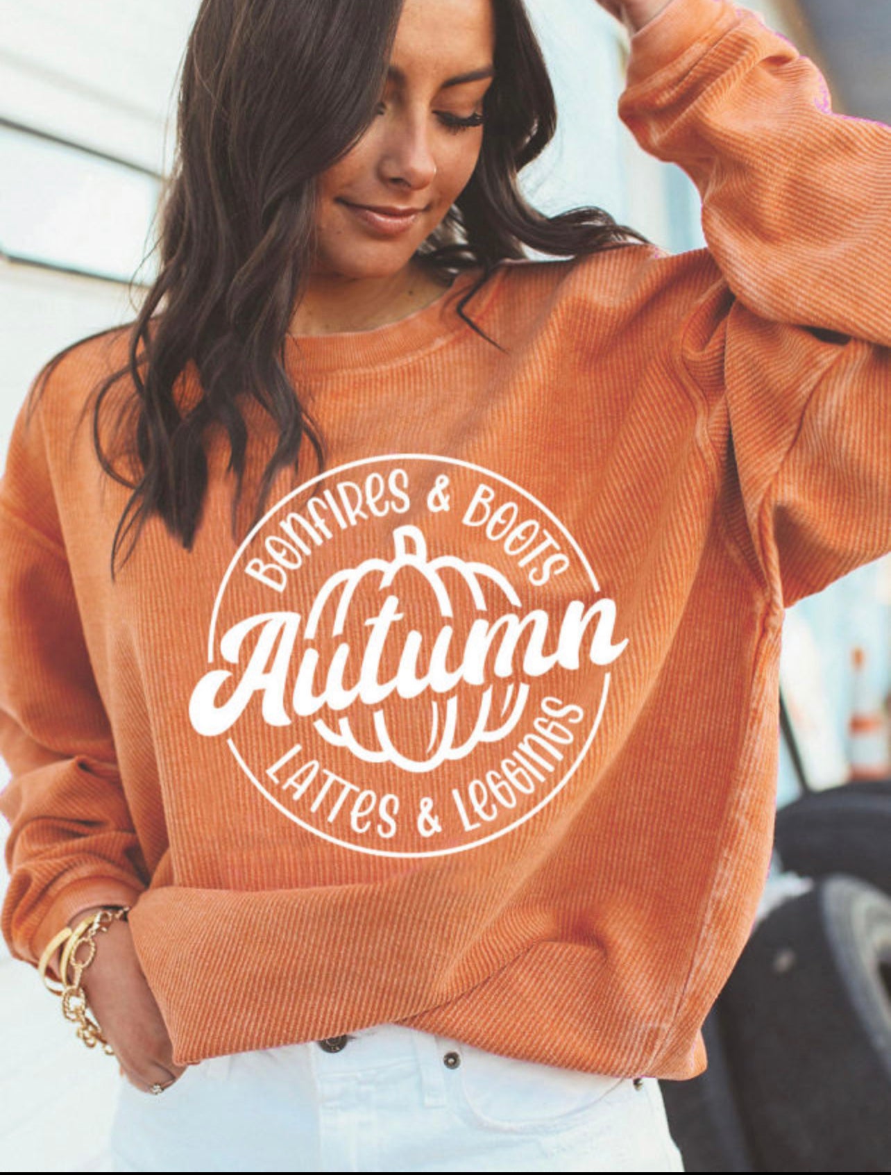 Orange Autumn Pumpkin Graphic Print Corded
Oversized Sweatshirt