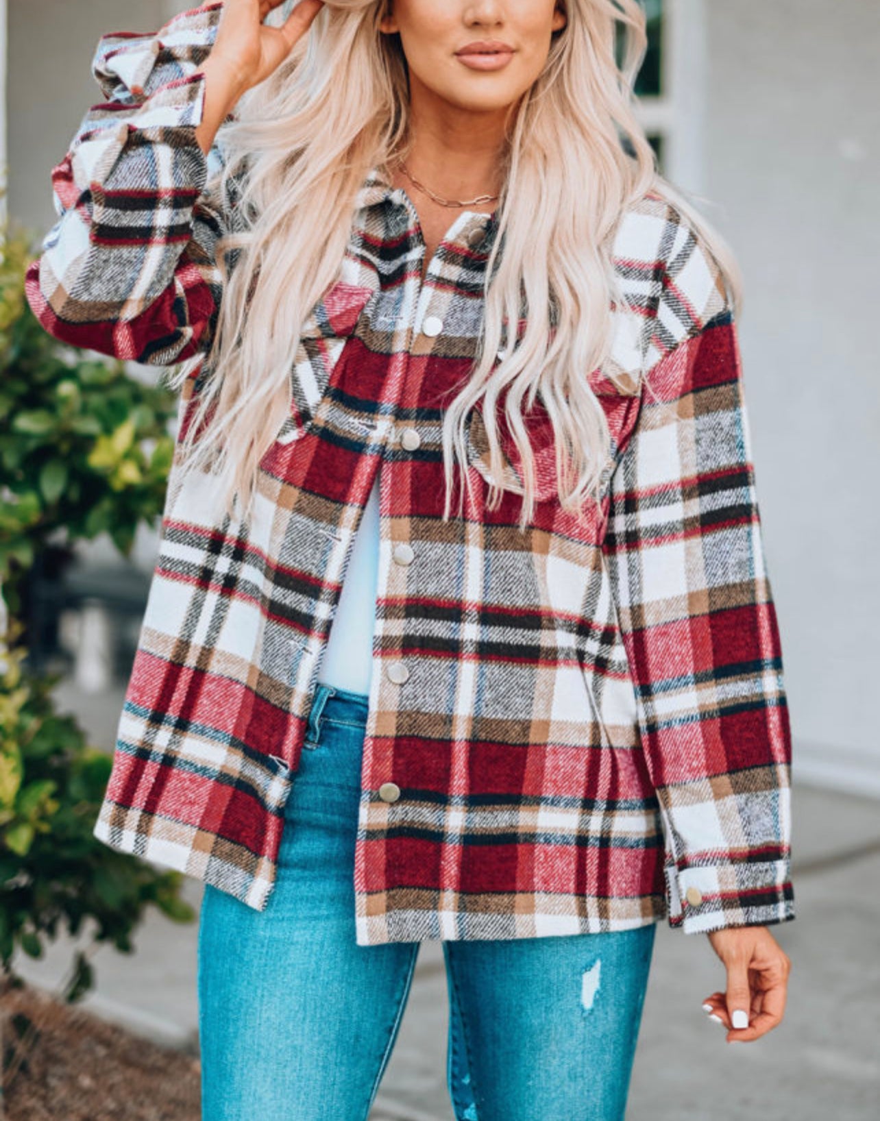 Red Geometric Plaid Print Pocketed Shacket