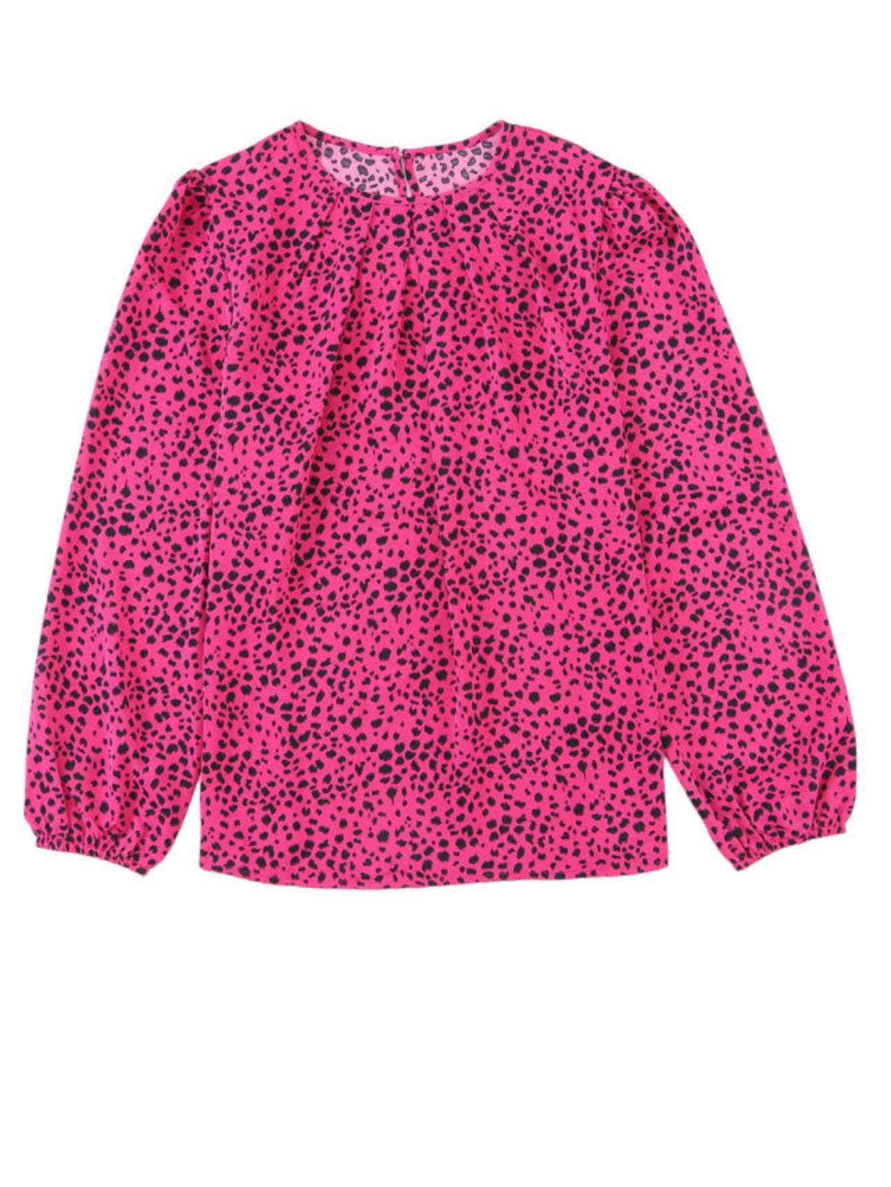 Rose Leopard Print Pleated Blouse with Keyhole