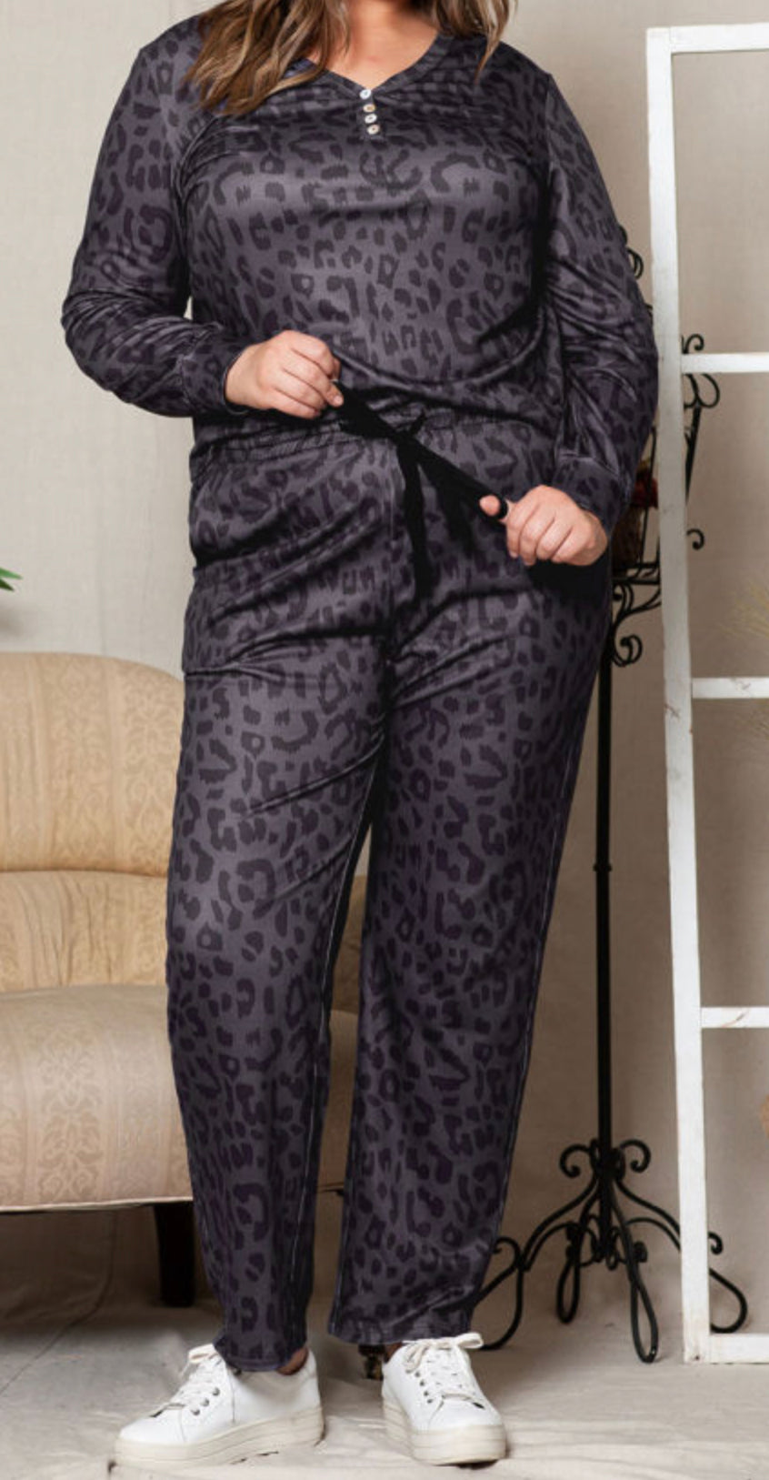 Curvy Black Leopard Long Sleeve Henley Top Pajamas Set