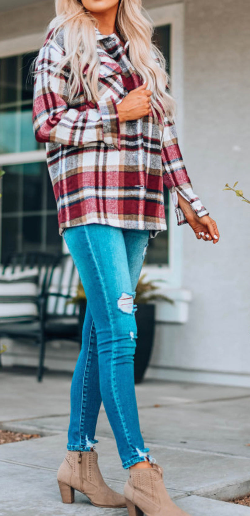 Red Geometric Plaid Print Pocketed Shacket