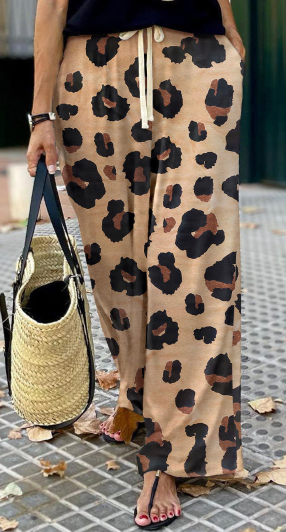 Leopard Drawstring Wide Leg Casual Pants