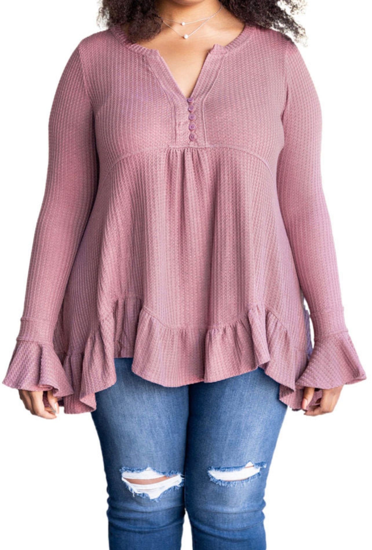 Curvy Pink Ruffled Waffle Knit Babydoll Top