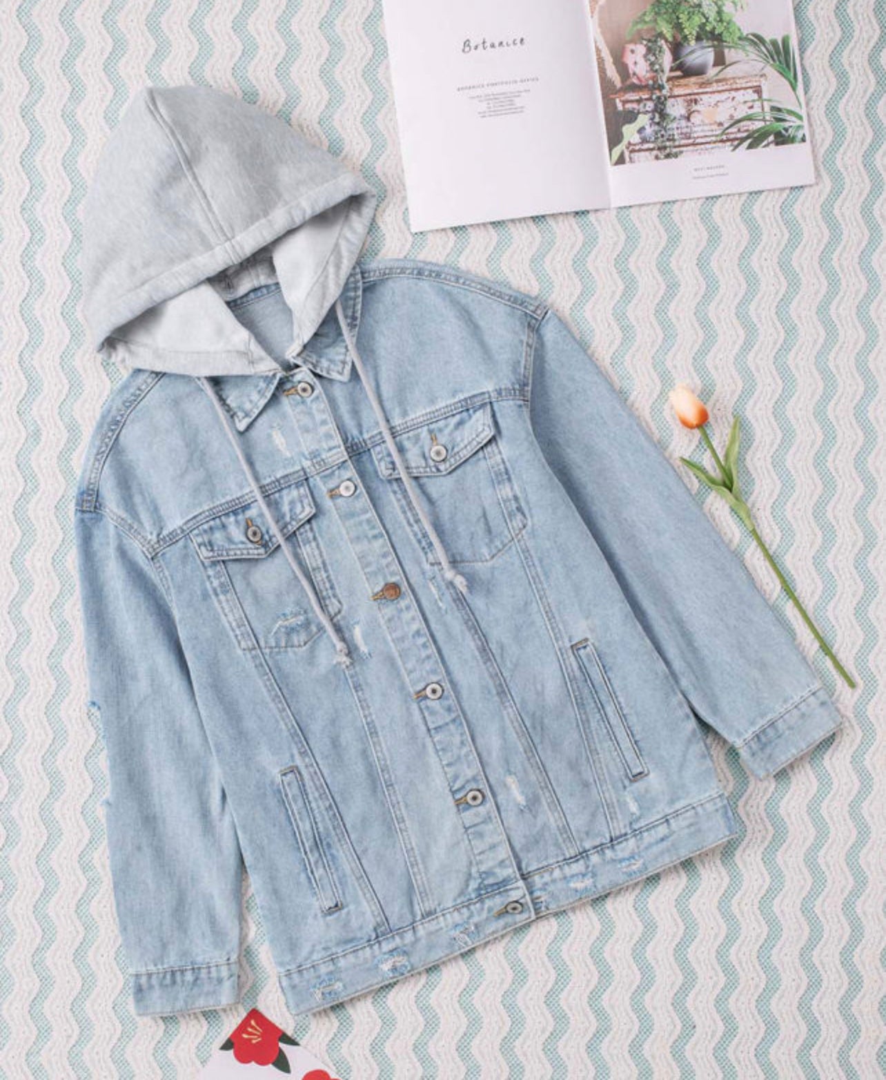 Sky Blue Button Closure Ripped Hooded Denim
Jacket