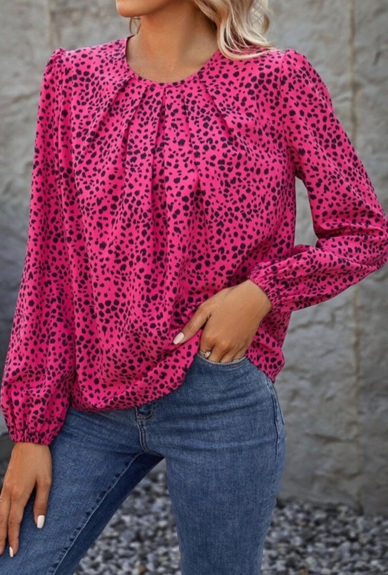 Rose Leopard Print Pleated Blouse with Keyhole