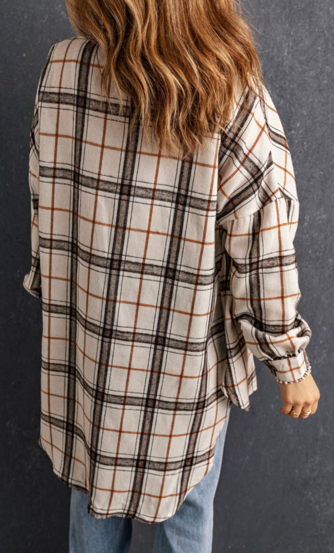 White Oversized Plaid Pattern Shacket with Slits