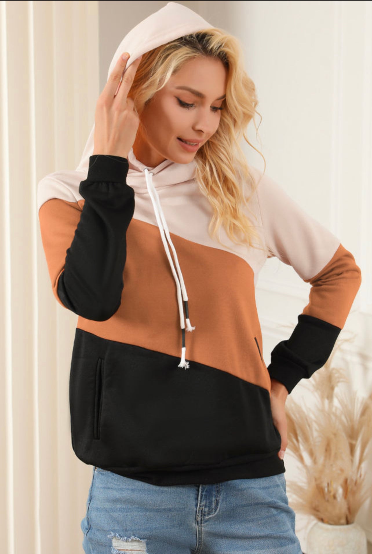 Khaki Colorblock Pocketed Hoodie