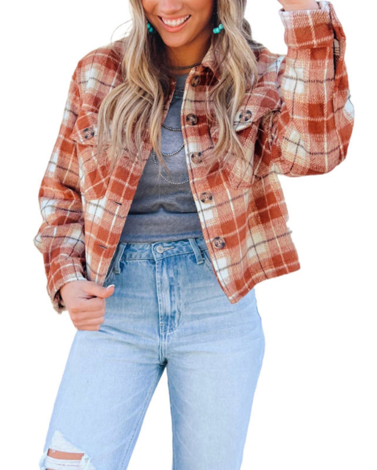 Crop Orange Plaid Button-Up Flap Pocket shacket