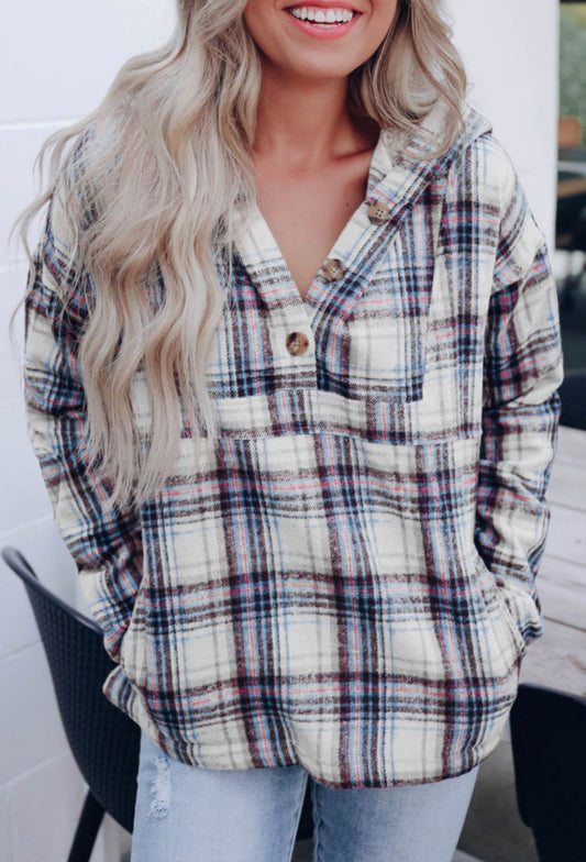 Plaid Button Neck Pocketed Pullover