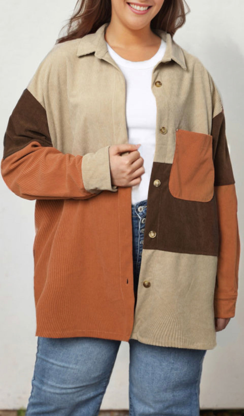 Curvy Brown/orang Corduroy Colorblock Pocket shacket