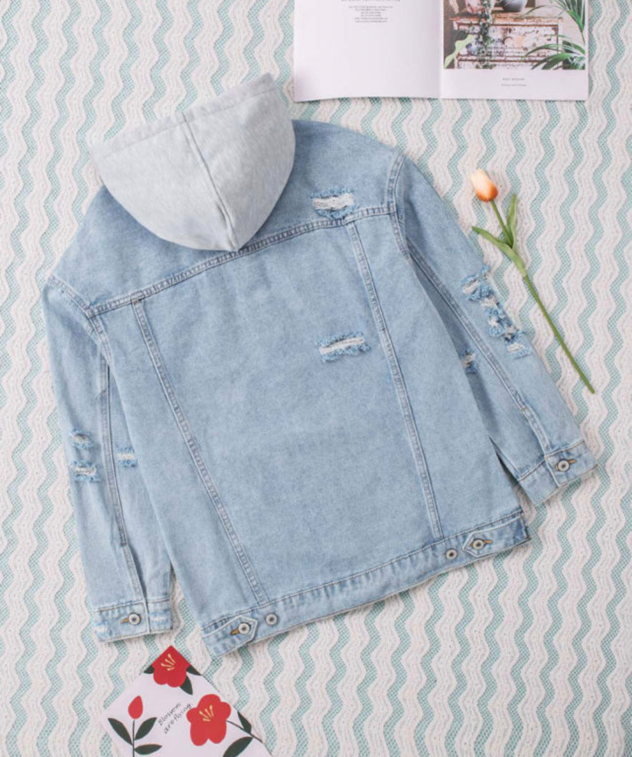 Sky Blue Button Closure Ripped Hooded Denim
Jacket