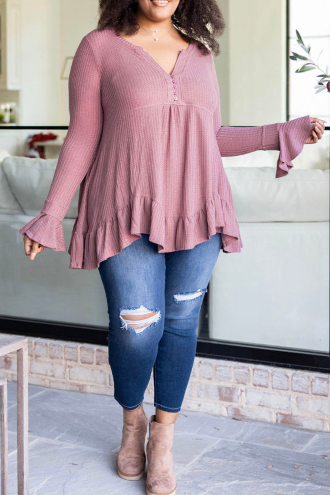 Curvy Pink Ruffled Waffle Knit Babydoll Top