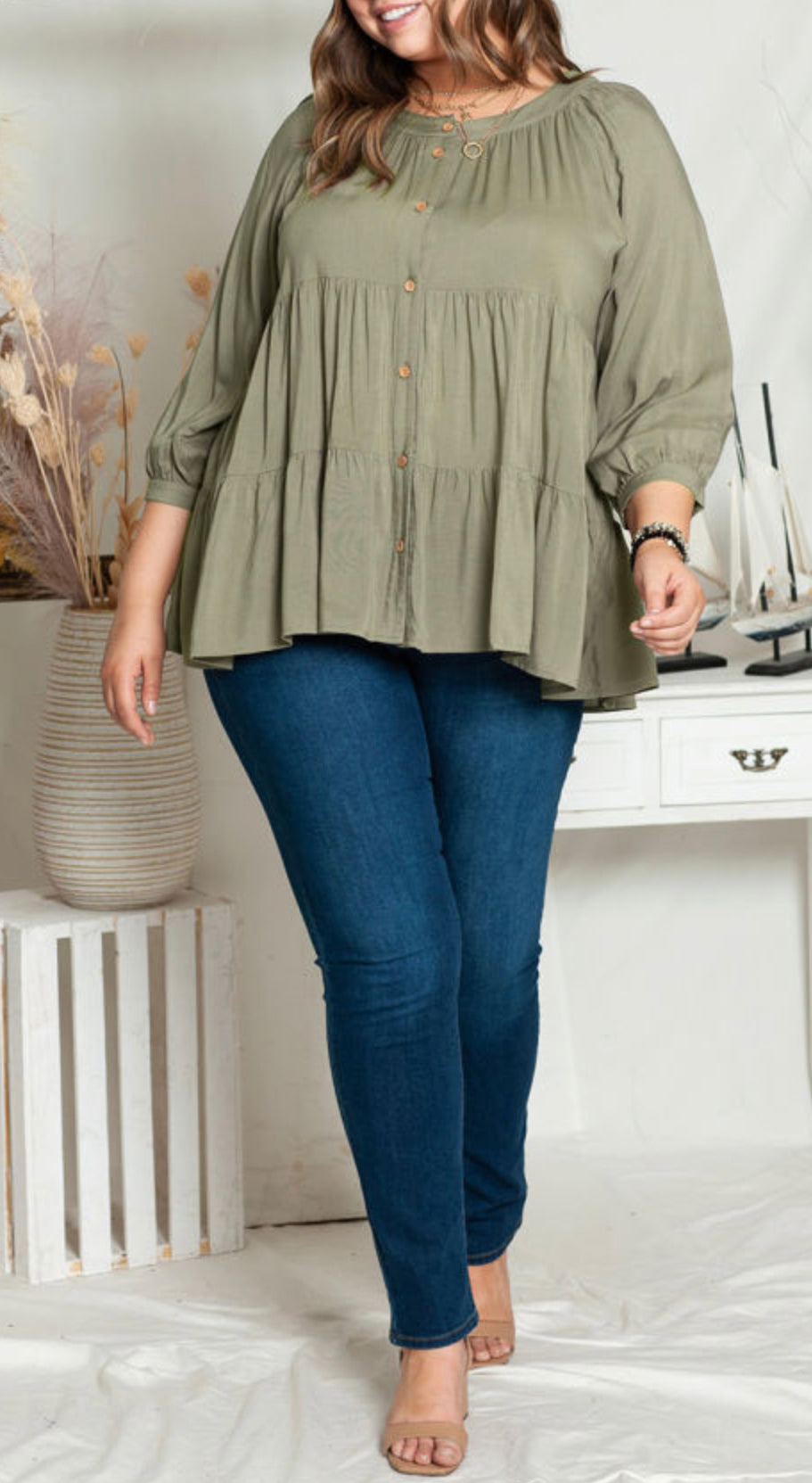 Curvy Green Ruffle Tiered Split Neck Shirt