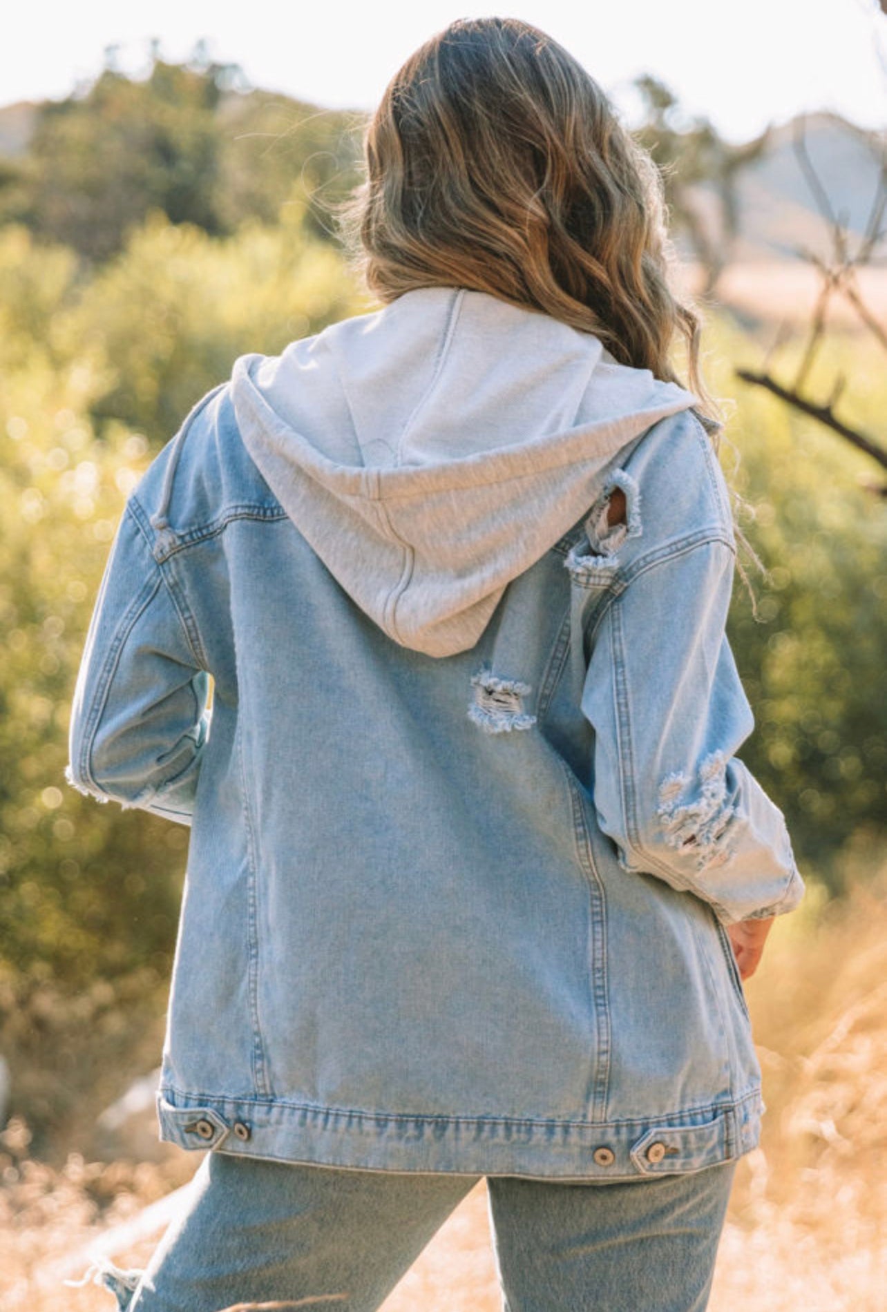 Sky Blue Button Closure Ripped Hooded Denim
Jacket