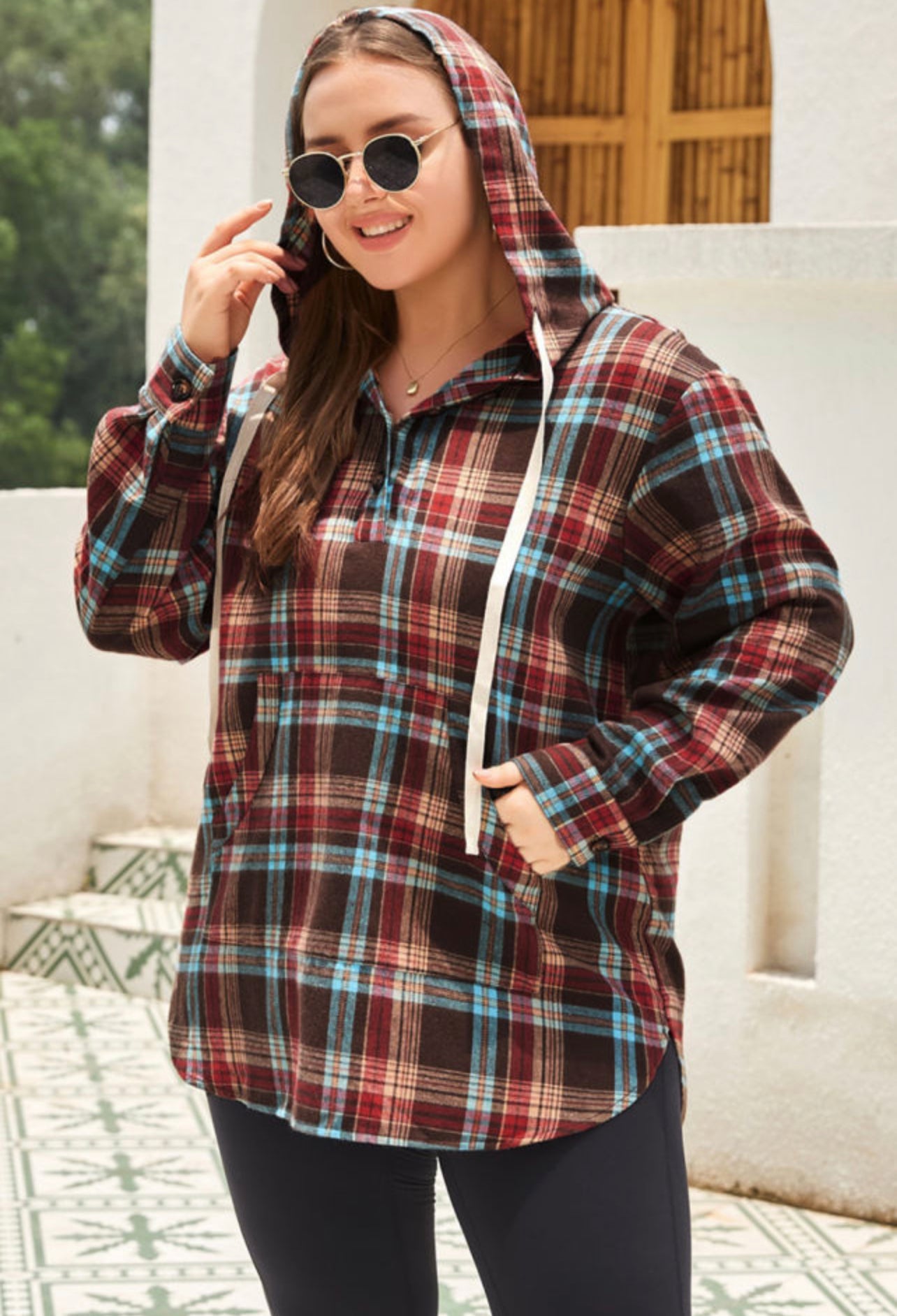 Curvy  Plaid Kangaroo Pocket Drawstring Hoodie