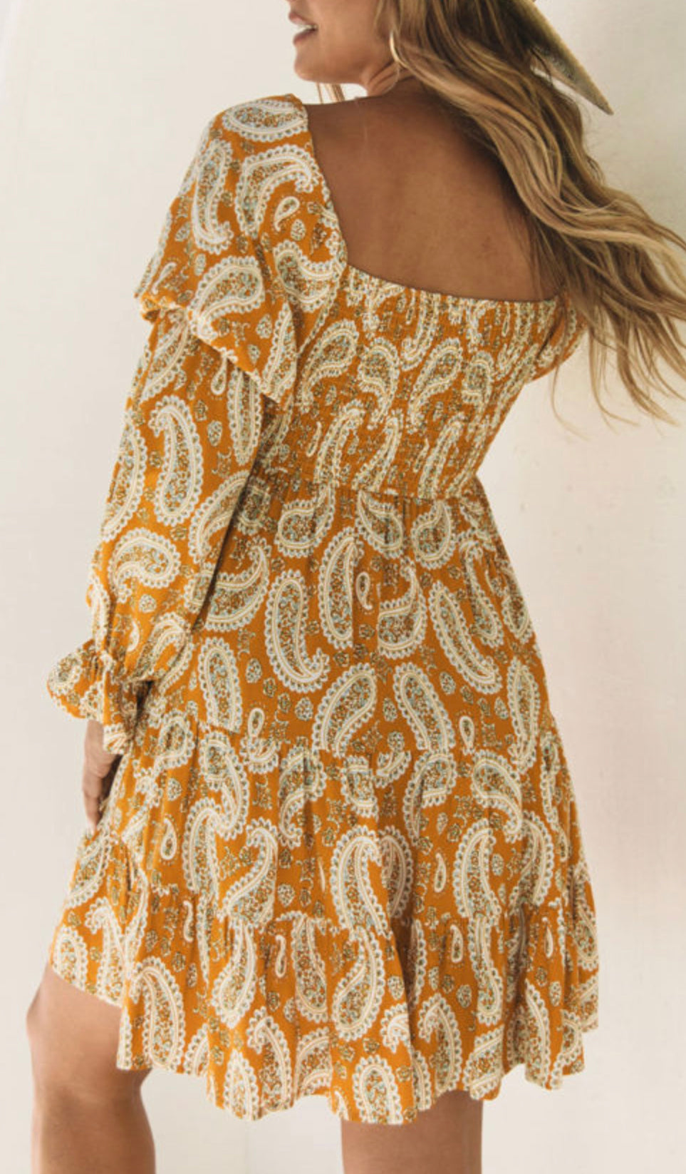 Yellow Boho Paisley Long Sleeve Floral Dress