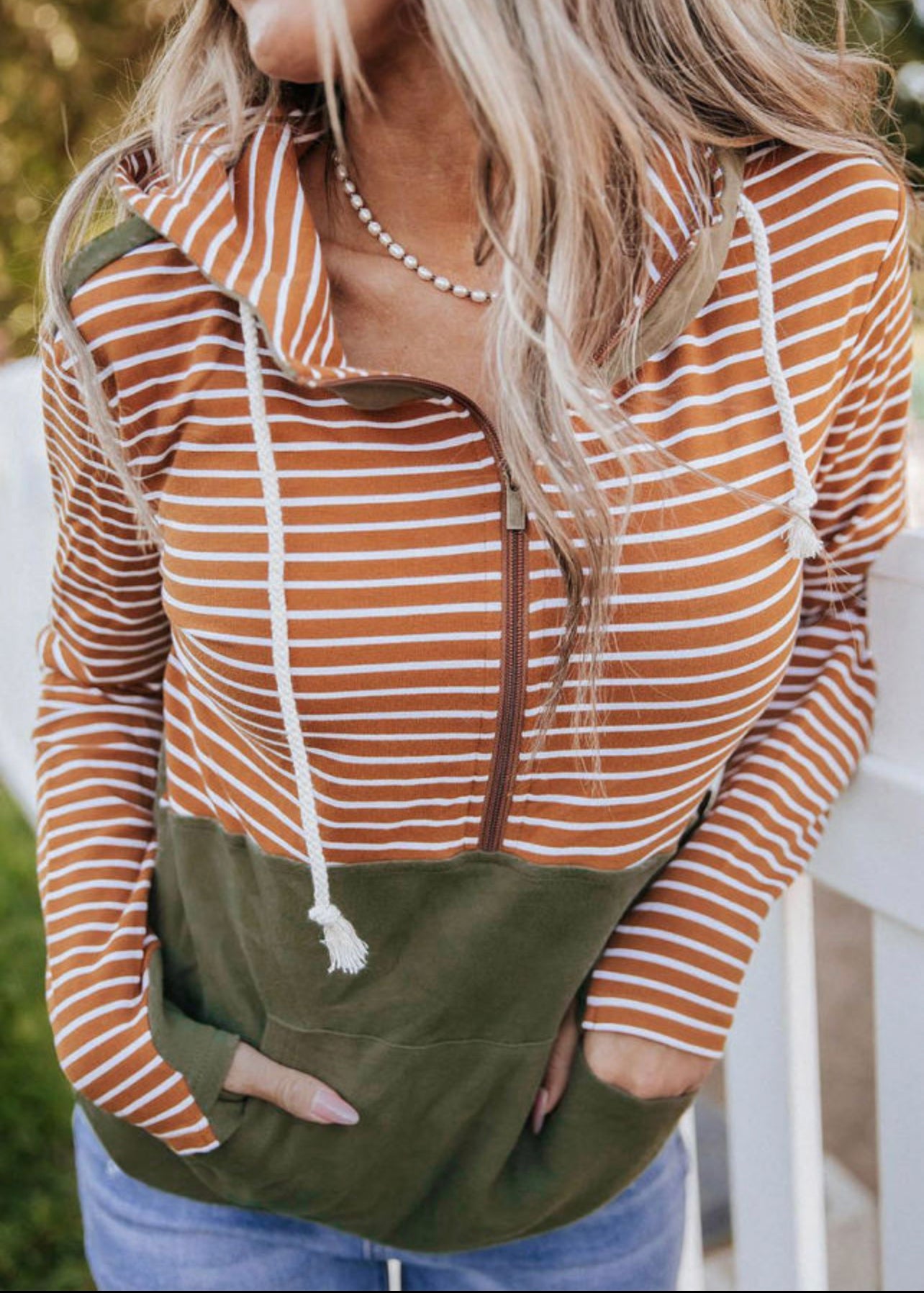 Orange Striped Color Block Patchwork Thumbhole Sleeve Hoodie