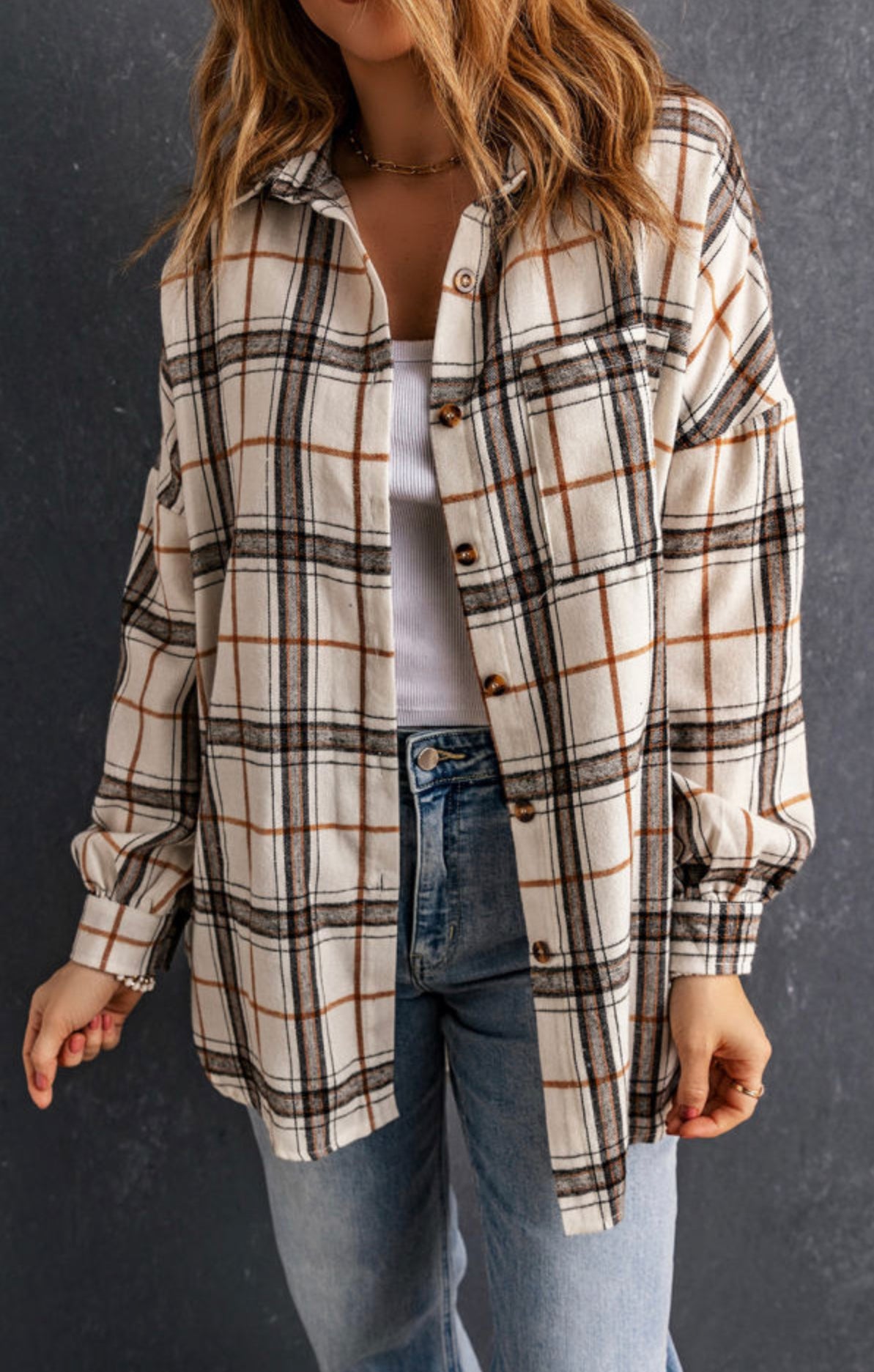 White Oversized Plaid Pattern Shacket with Slits