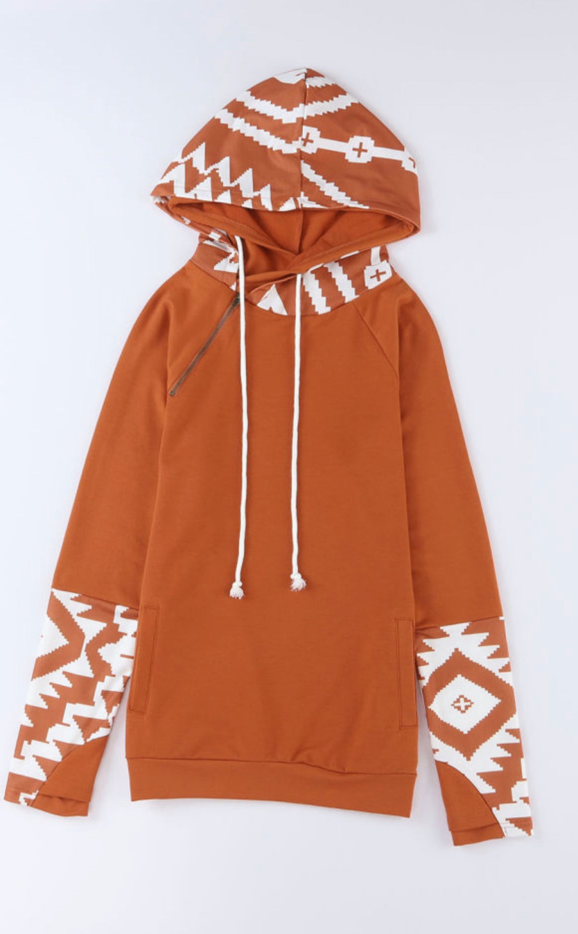 Aztec Print Patchwork Thumb Hole Hoodie