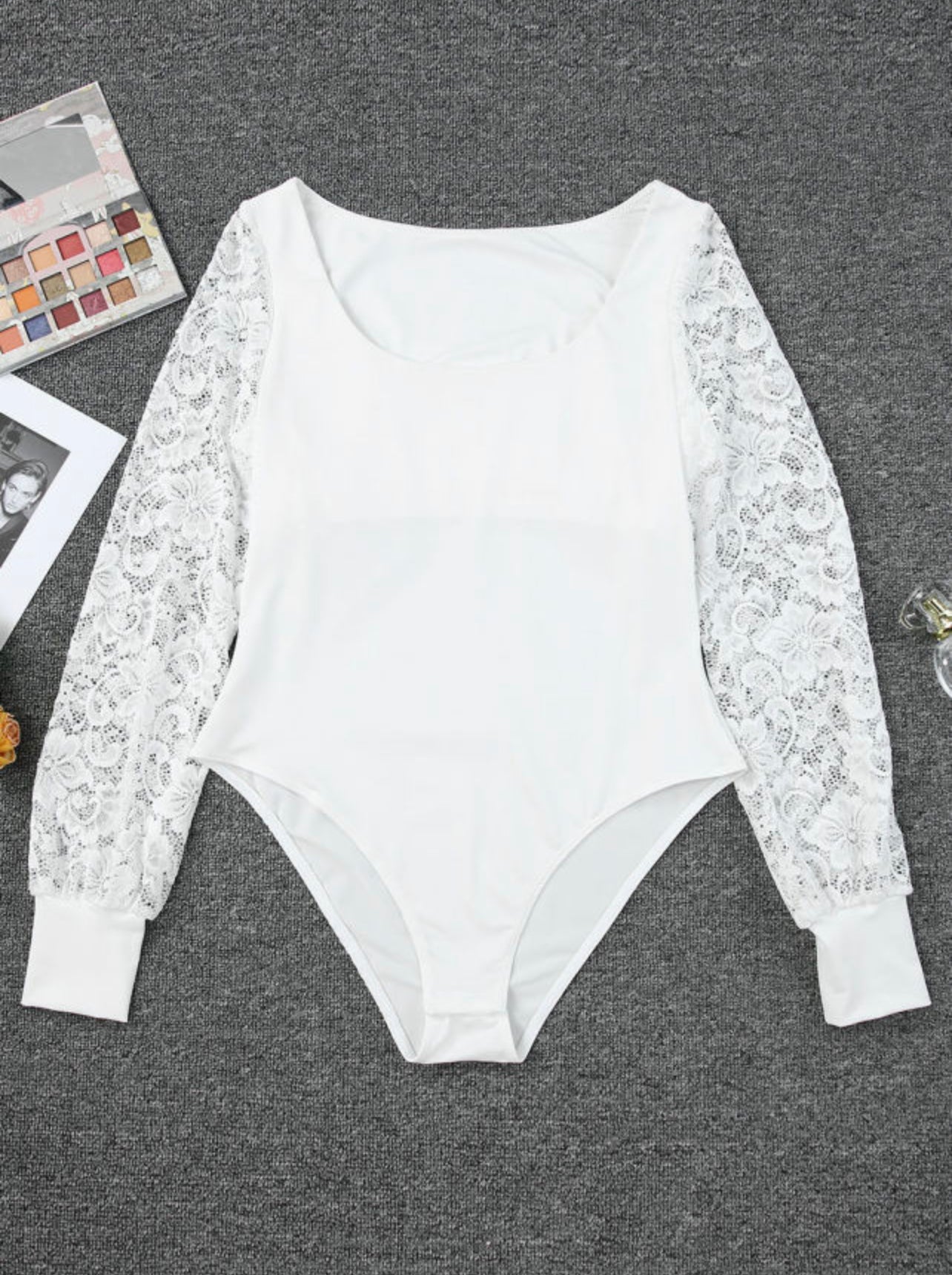 White Lace Sleeves Square Neck Bodysuit